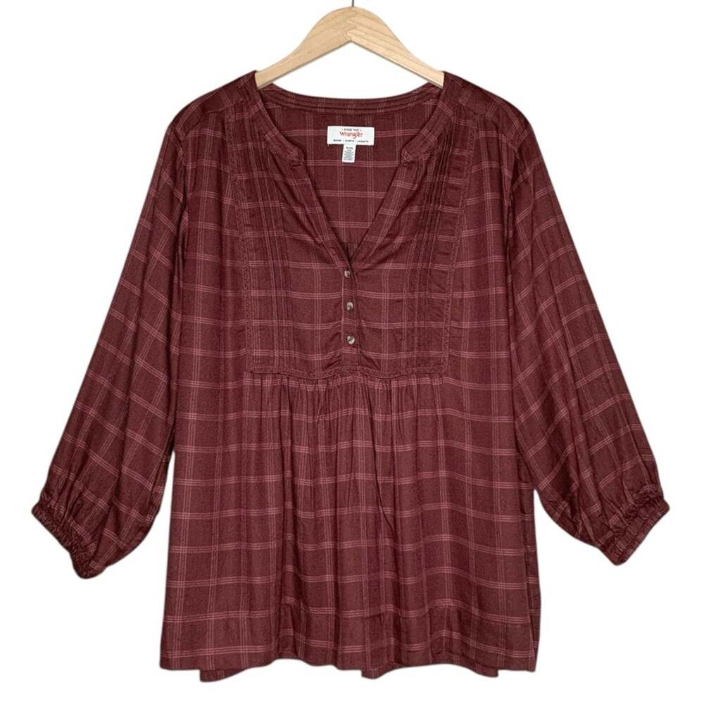 Wrangler Plaid Babydoll Blouse XL Burgundy Rust Pintuck Henley Western Cowgirl